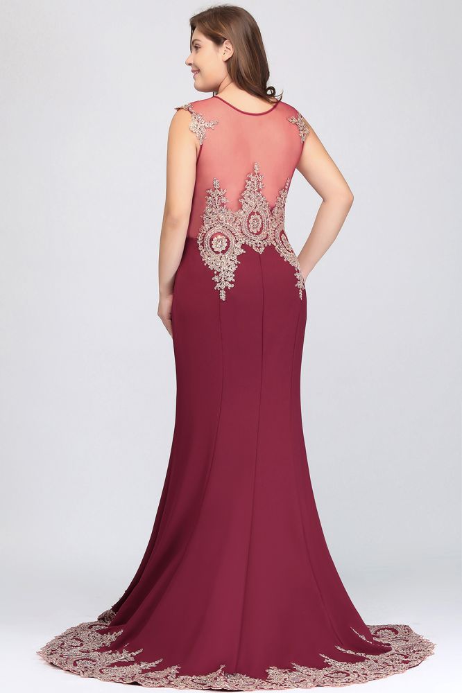 Robe de soirée bordeaux sirène longue sans manches à appliques