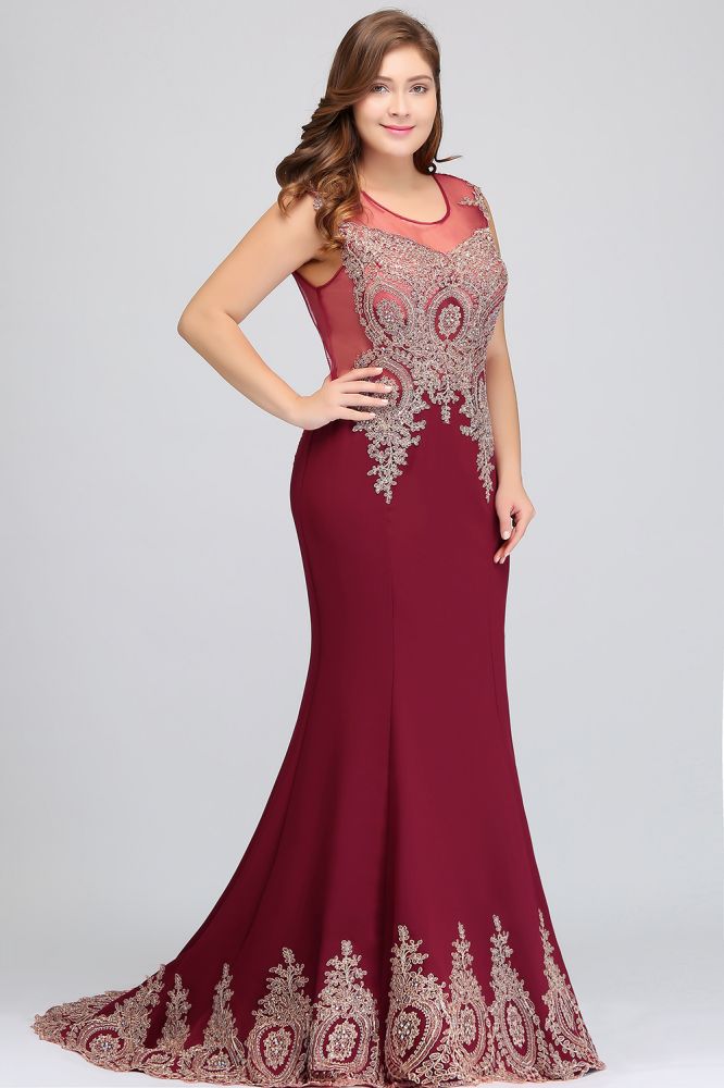 Robe de soirée bordeaux sirène longue sans manches à appliques