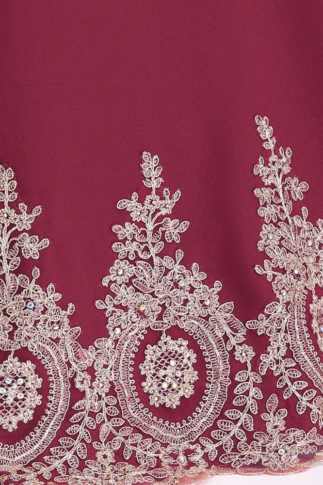 Robe de soirée bordeaux sirène longue sans manches à appliques