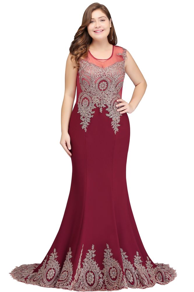 Robe de soirée bordeaux sirène longue sans manches à appliques