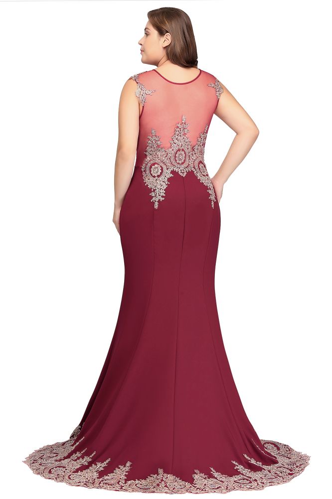 Robe de soirée bordeaux sirène longue sans manches à appliques
