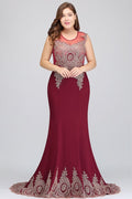 Robe de soirée bordeaux sirène longue sans manches à appliques
