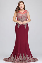 Robe de soirée bordeaux sirène longue sans manches à appliques