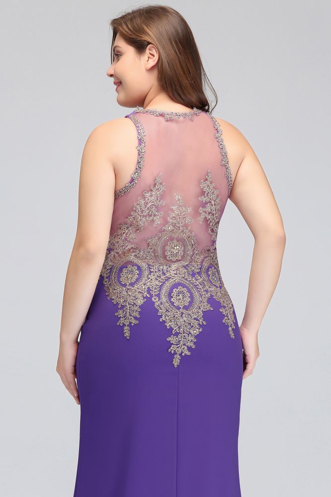 Mermaid Crew Floor Length Sleeveless Plus size Evening Dresses with Appliques