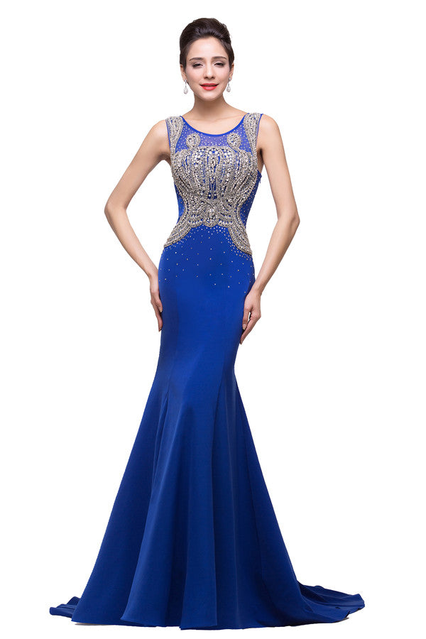 Robe de soirée bleue longue à col sirène avec appliques