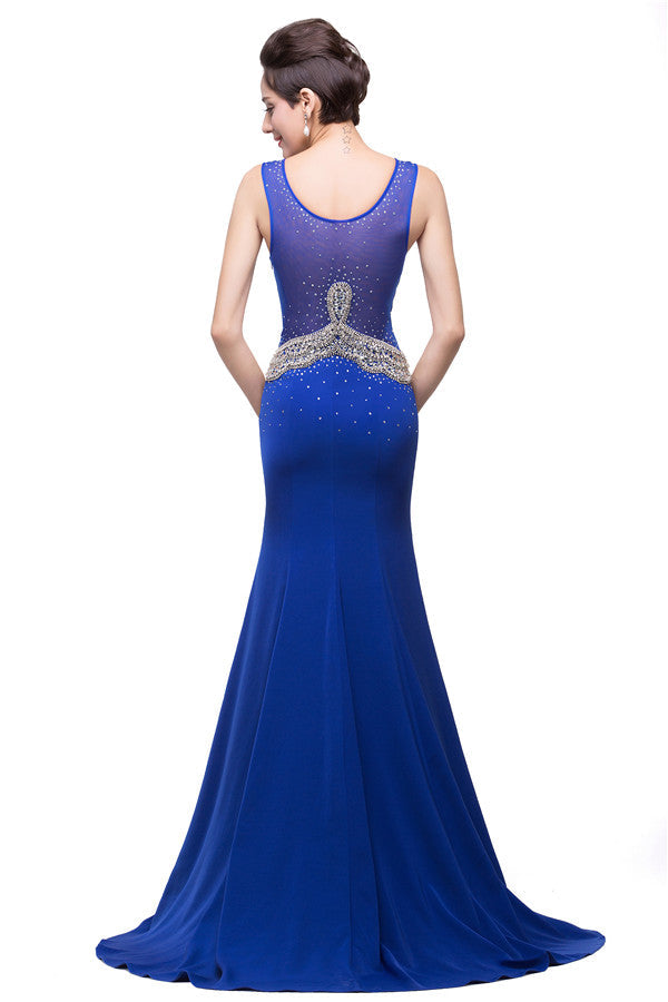 Robe de soirée bleue longue à col sirène avec appliques
