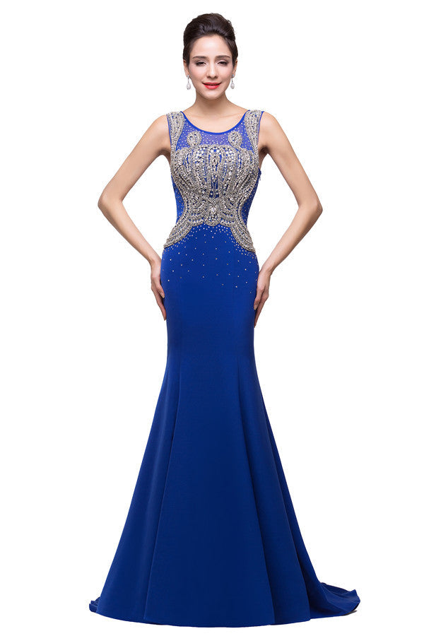 Robe de soirée bleue longue à col sirène avec appliques