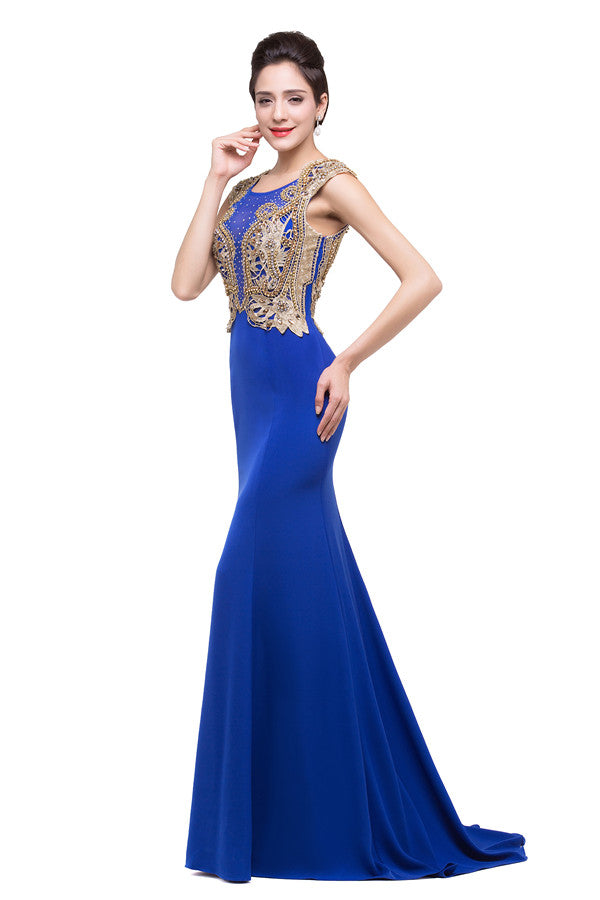 Robe de soirée bleue longue à col sirène avec appliques