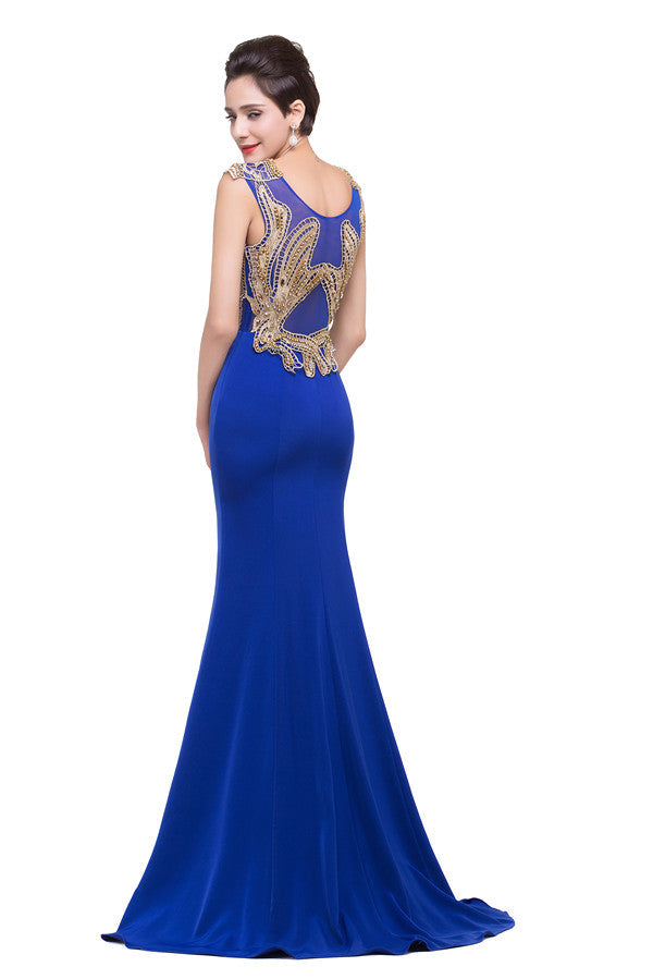 Robe de soirée bleue longue à col sirène avec appliques