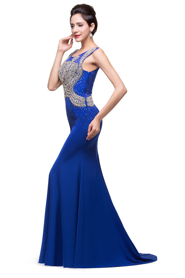 Robe de soirée bleue longue à col sirène avec appliques