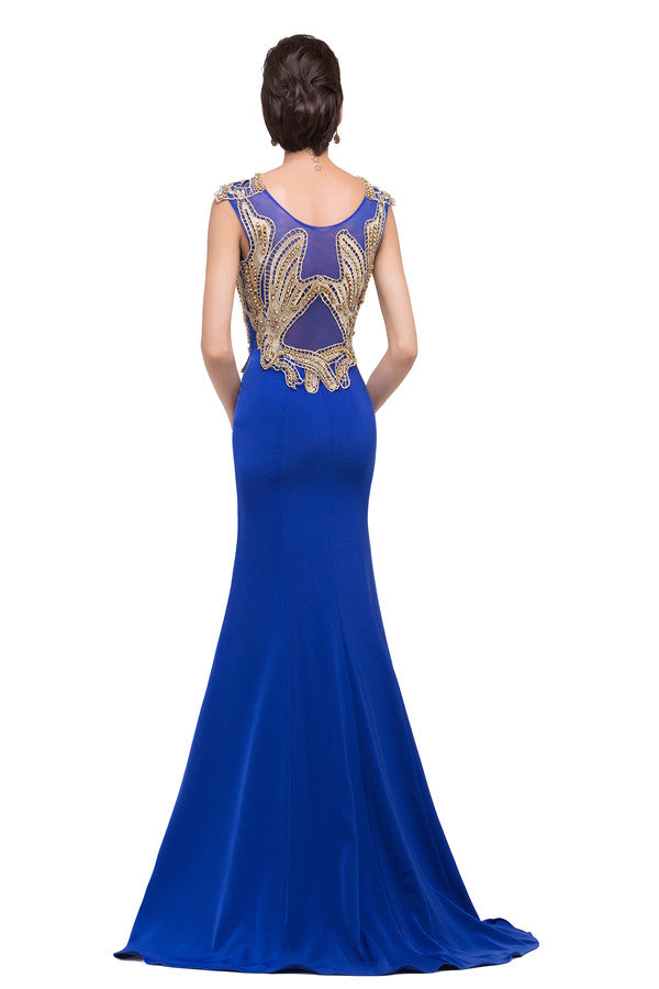 Robe de soirée bleue longue à col sirène avec appliques