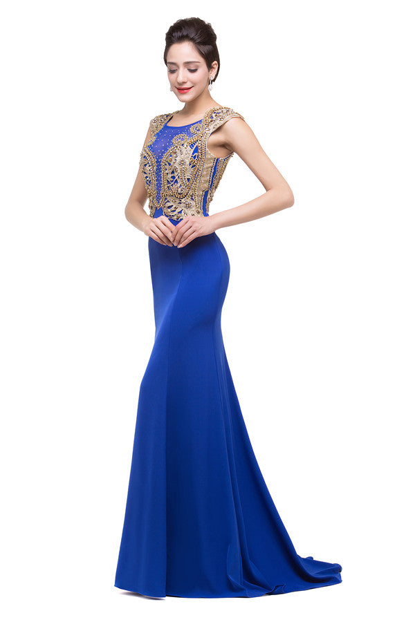 Robe de soirée bleue longue à col sirène avec appliques