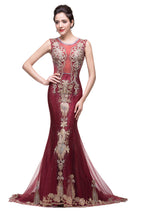 Vestidos de noche de sirena, de tul color burdeos, con apliques, estilo tul, hasta el suelo.