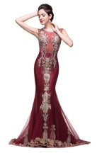 Vestidos de noche de sirena, de tul color burdeos, con apliques, estilo tul, hasta el suelo.