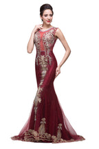 Vestidos de noche de sirena, de tul color burdeos, con apliques, estilo tul, hasta el suelo.