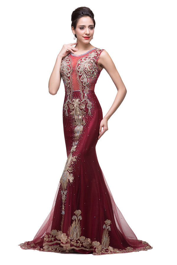 Vestidos de noche de sirena, de tul color burdeos, con apliques, estilo tul, hasta el suelo.