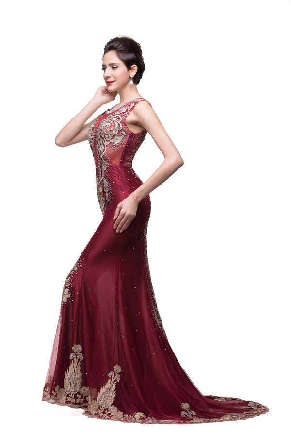 Vestidos de noche de sirena, de tul color burdeos, con apliques, estilo tul, hasta el suelo.