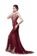 Vestidos de noche de sirena, de tul color burdeos, con apliques, estilo tul, hasta el suelo.