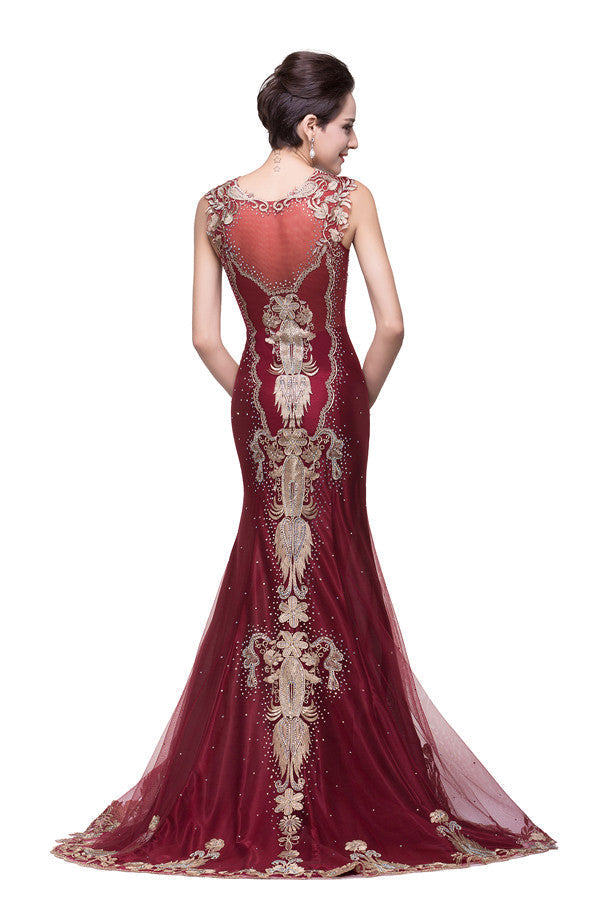 Vestidos de noche de sirena, de tul color burdeos, con apliques, estilo tul, hasta el suelo.