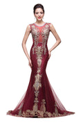 Vestidos de noche de sirena, de tul color burdeos, con apliques, estilo tul, hasta el suelo.