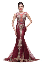Vestidos de noche de sirena, de tul color burdeos, con apliques, estilo tul, hasta el suelo.