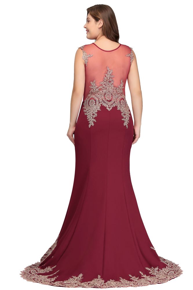 Vestidos de noche burdeos sin mangas con apliques y cola de sirena