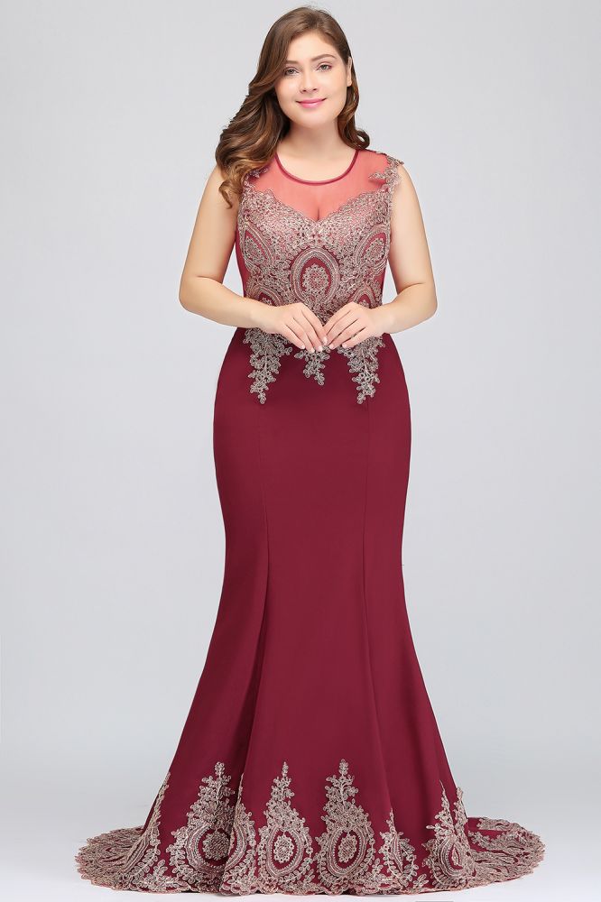 Vestidos de noche burdeos sin mangas con apliques y cola de sirena