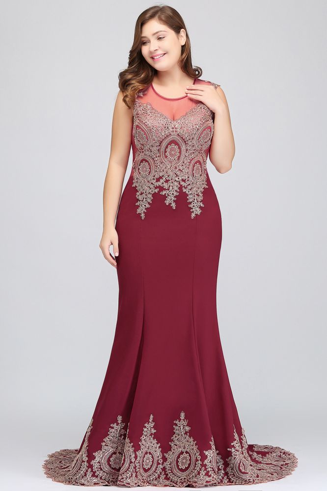 Vestidos de noche burdeos sin mangas con apliques y cola de sirena