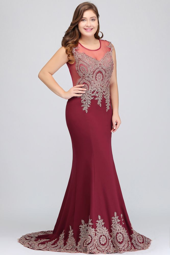 Vestidos de noche burdeos sin mangas con apliques y cola de sirena