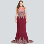 Vestidos de noche burdeos sin mangas con apliques y cola de sirena