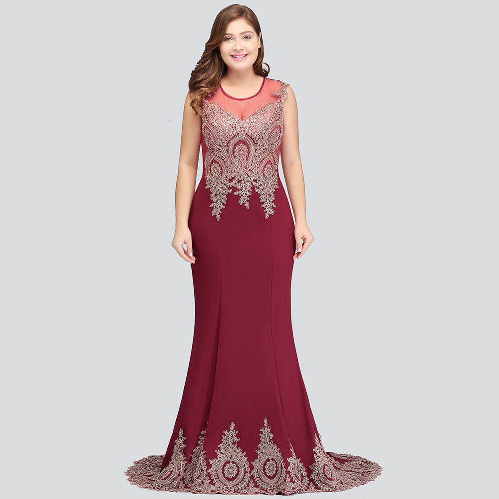 Vestidos de noche burdeos sin mangas con apliques y cola de sirena