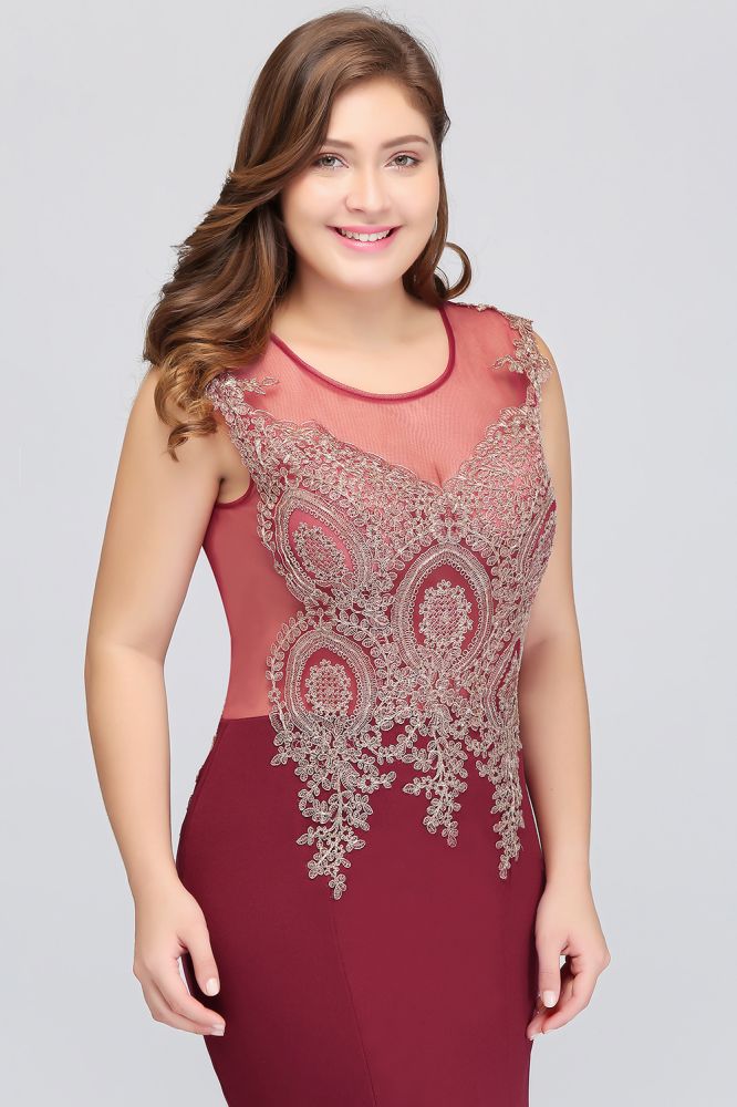 Vestidos de noche burdeos sin mangas con apliques y cola de sirena