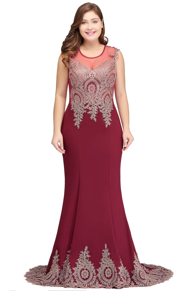 Vestidos de noche burdeos sin mangas con apliques y cola de sirena