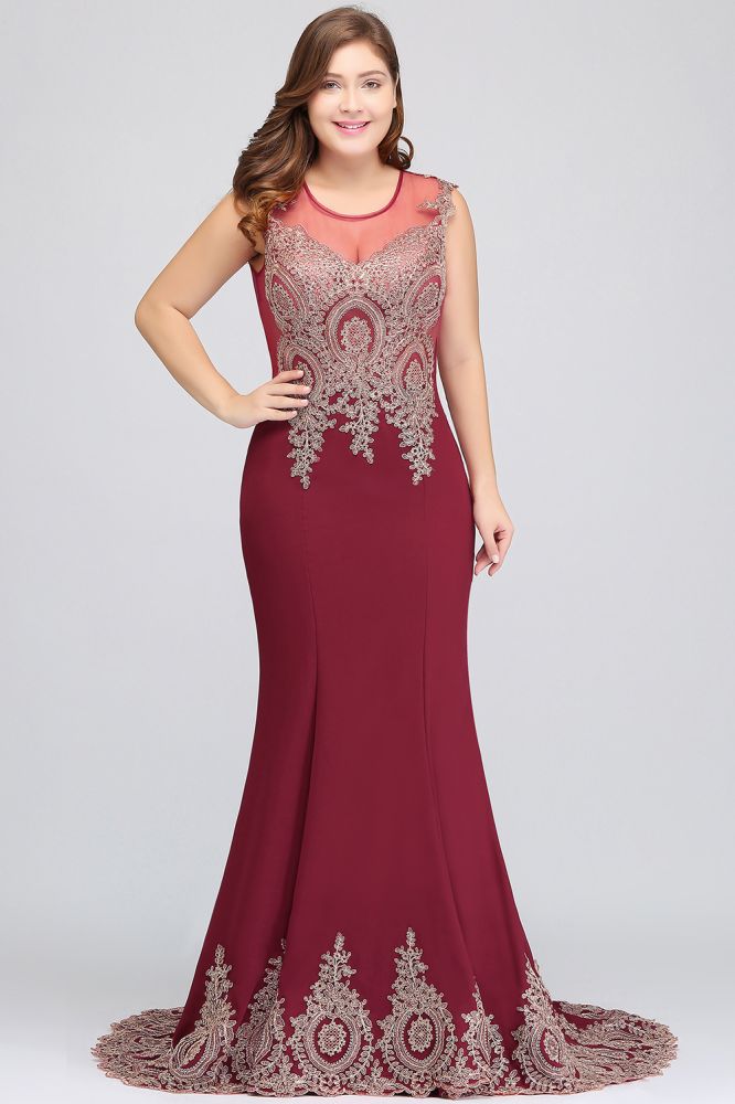 Vestidos de noche burdeos sin mangas con apliques y cola de sirena