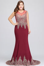 Vestidos de noche burdeos sin mangas con apliques y cola de sirena