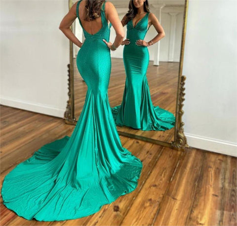 Mermaid Deep V-Neck Beaded Satin Long Prom Dress