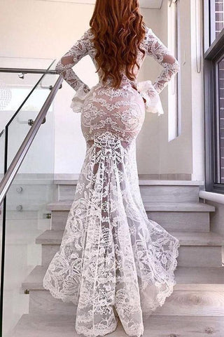 Vestido de novia sirena con escote en V profundo y manga larga, vestido de novia sexy de encaje WD491