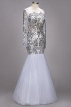 Robes de bal sirène longues à manches longues et motifs à paillettes, grandes tailles en tulle