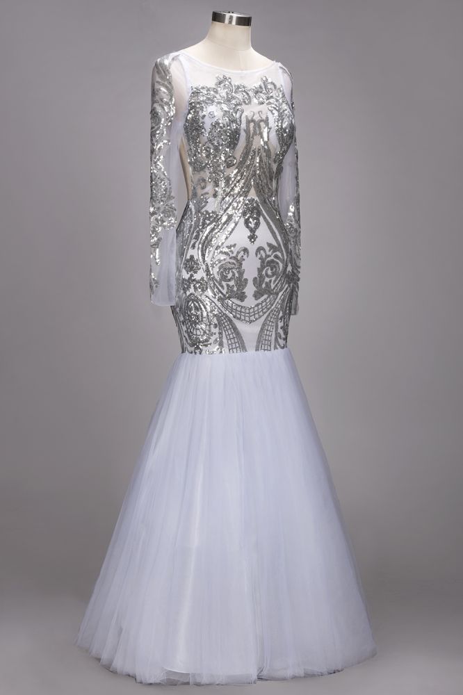 Robes de bal sirène longues à manches longues et motifs à paillettes, grandes tailles en tulle