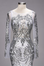 Robes de bal sirène longues à manches longues et motifs à paillettes, grandes tailles en tulle