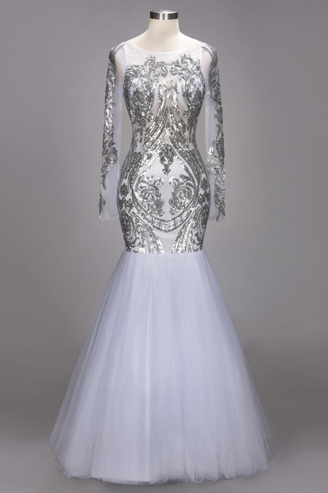 Robes de bal sirène longues à manches longues et motifs à paillettes, grandes tailles en tulle