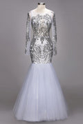Robes de bal sirène longues à manches longues et motifs à paillettes, grandes tailles en tulle