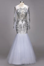 Robes de bal sirène longues à manches longues et motifs à paillettes, grandes tailles en tulle