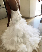Mermaid Floral Appliques Ruffless Wedding Dress Sheer Tulle Backless Sleeveless Bridal Wears