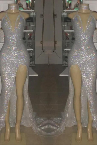 Mermaid Front Slit Sexy Deep V-Neck Halter Court Paillette Prom Dress
