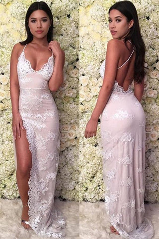 Vestidos de fiesta de sirena con tirantes finos, apliques de encaje y espalda descubierta
