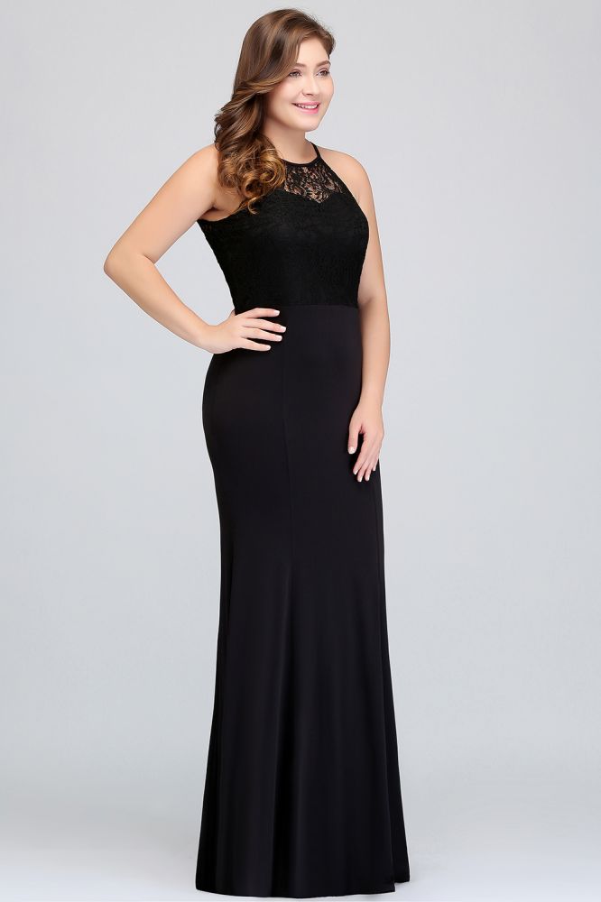 Robe de soirée noire sirène dos nu longue au sol grande taille avec dentelle