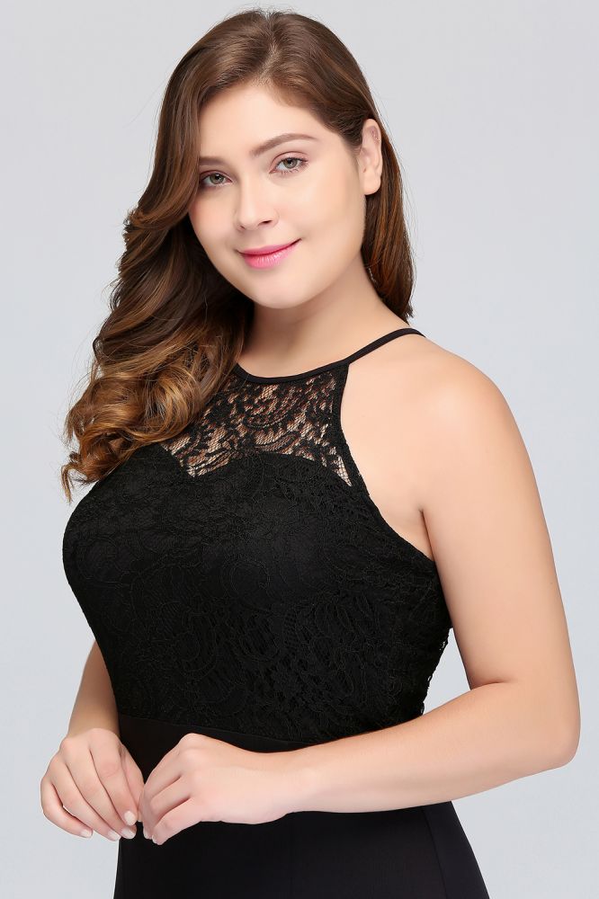Robe de soirée noire sirène dos nu longue au sol grande taille avec dentelle