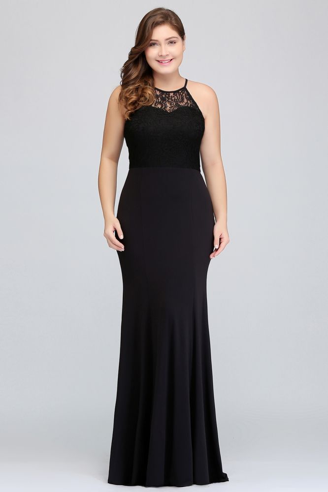 Robe de soirée noire sirène dos nu longue au sol grande taille avec dentelle