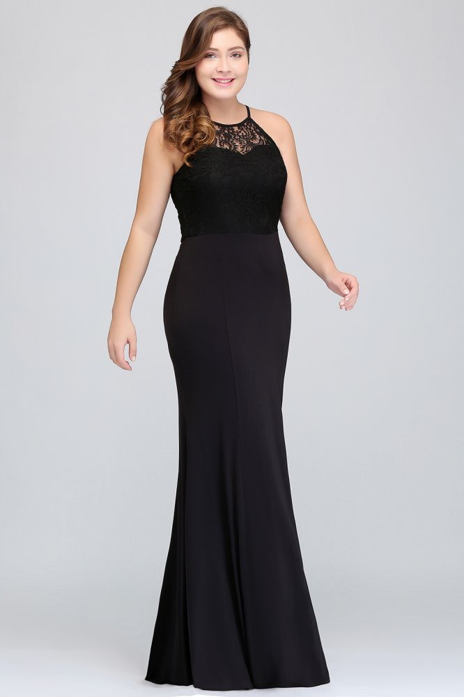 Robe de soirée noire sirène dos nu longue au sol grande taille avec dentelle
